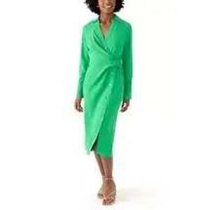 NWT Halston $149 Look Green Button Front Tie Waist Midi Shirt Dress Size 8